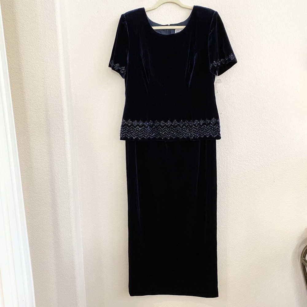 R & M Richards By Karen Kwong Evening Dress Blue Velvet Beaded Womens SZ‎ 10 NWT